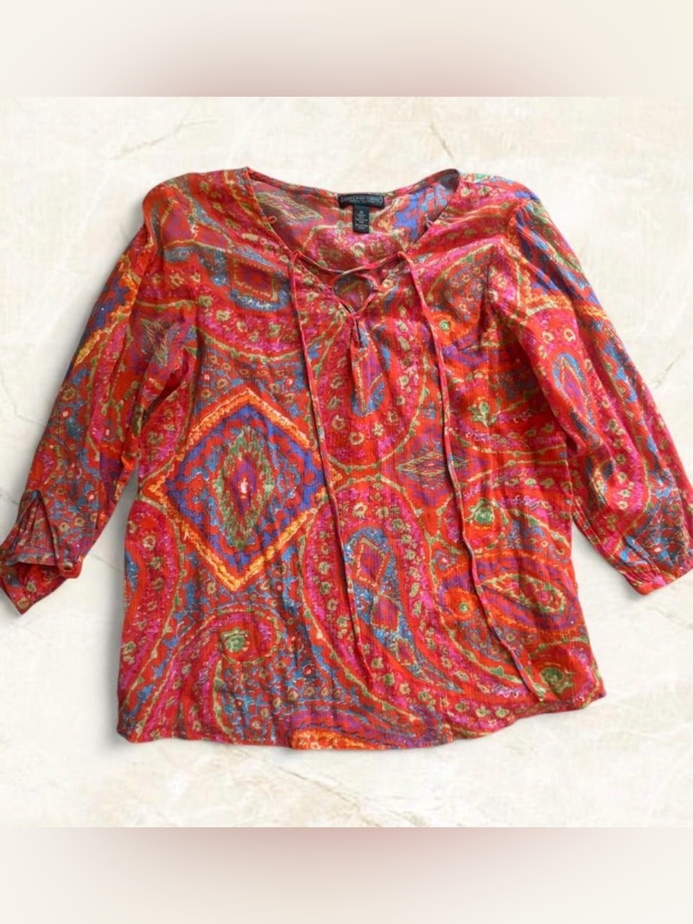 Ralph Lauren Jeans Company Blouse Orange Med Pink Paisley Peasant Top Boho Beach